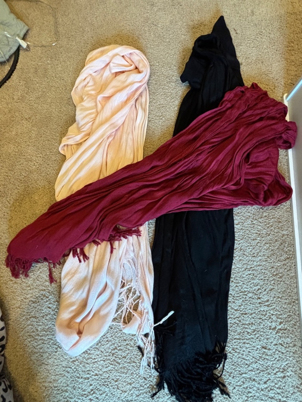 Set of 3 Lightweight Scarves - Blush, Wine & Black